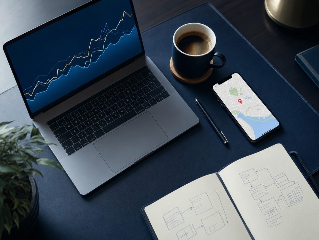 A laptop with a rising chart, a phone map and a notebook of sketches, the tools behind our answers to SEO questions