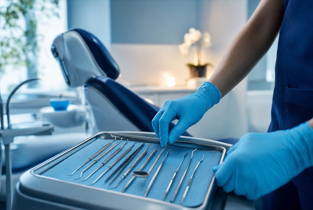 Dental instruments laid out on a tray in a clean treatment room