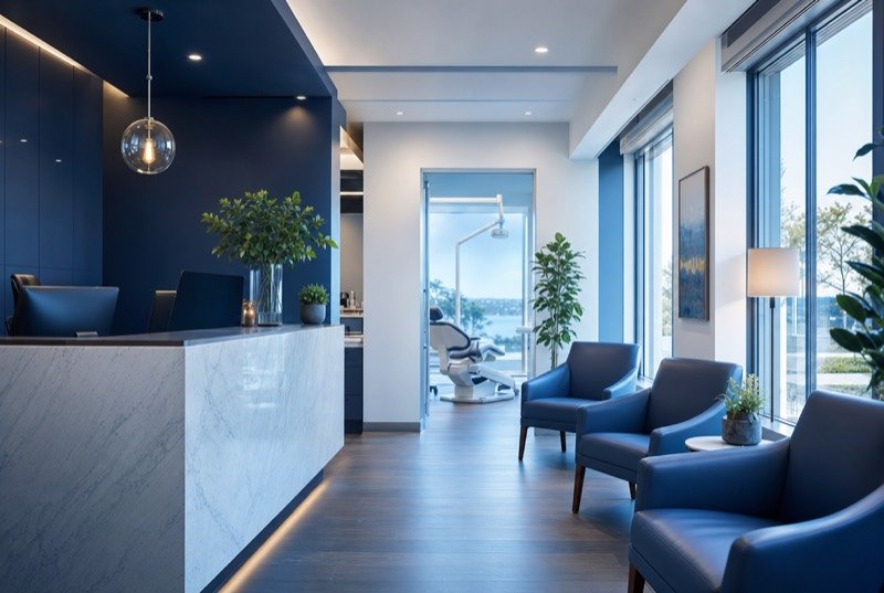 A bright modern dental and medical clinic reception, the kind of practice local SEO helps patients find