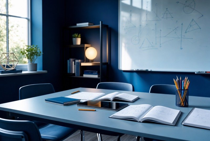 A small bright tutoring classroom with workbooks on the table