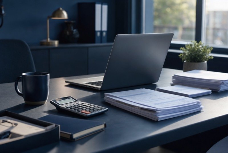 A tidy accountant&rsquo;s desk with a laptop and tax slips, where seasonal SEO pays off