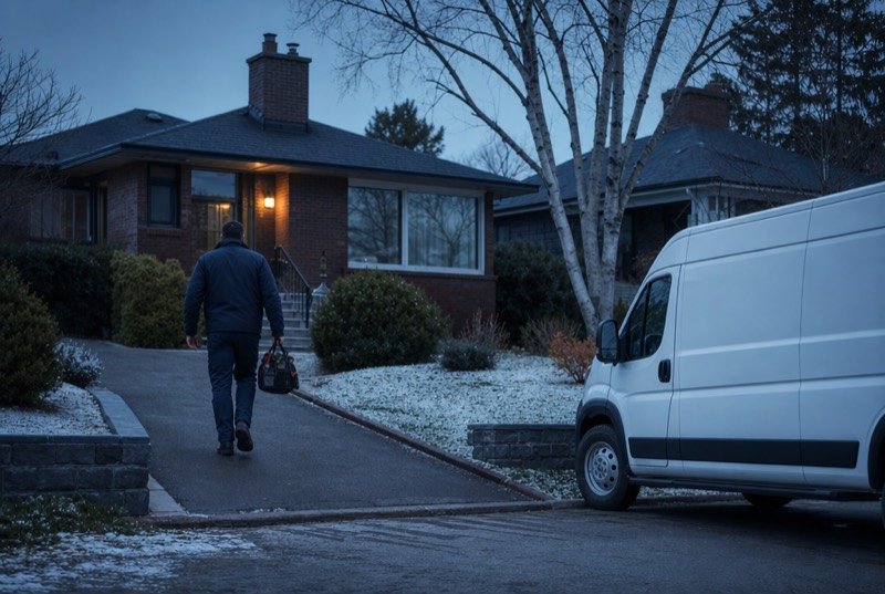 A service technician walking up to a brick bungalow in early winter