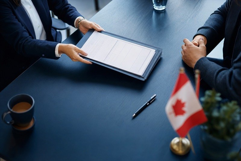 Two people reviewing a folder of forms across a desk