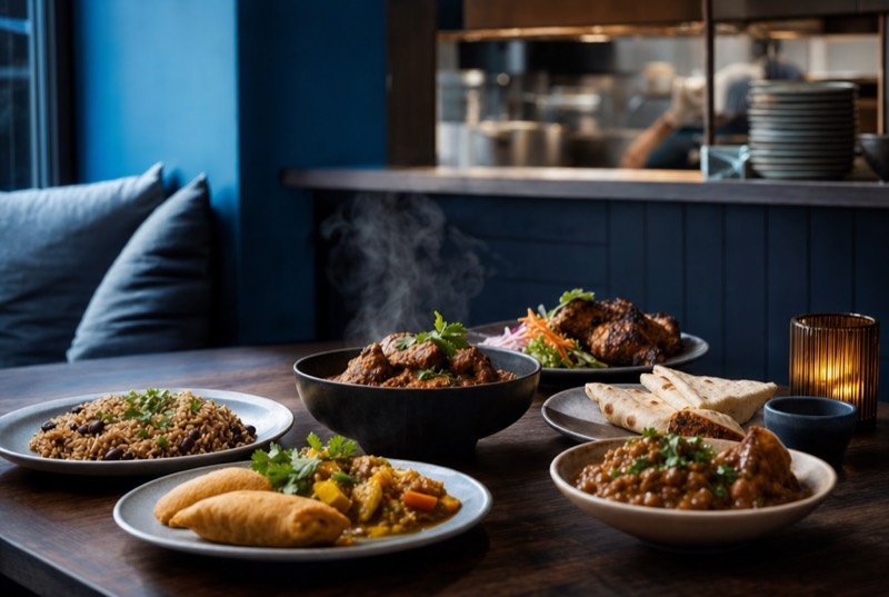 Plates of food on a wooden table in a small family-run restaurant