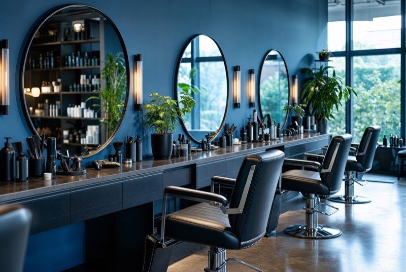 Styling chairs and round mirrors in a bright neighbourhood salon