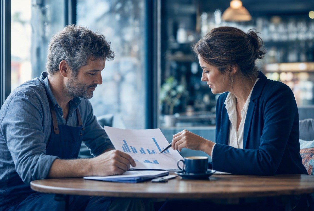 A business owner and an advisor reviewing a printed report together, the way we talk through SEO pricing